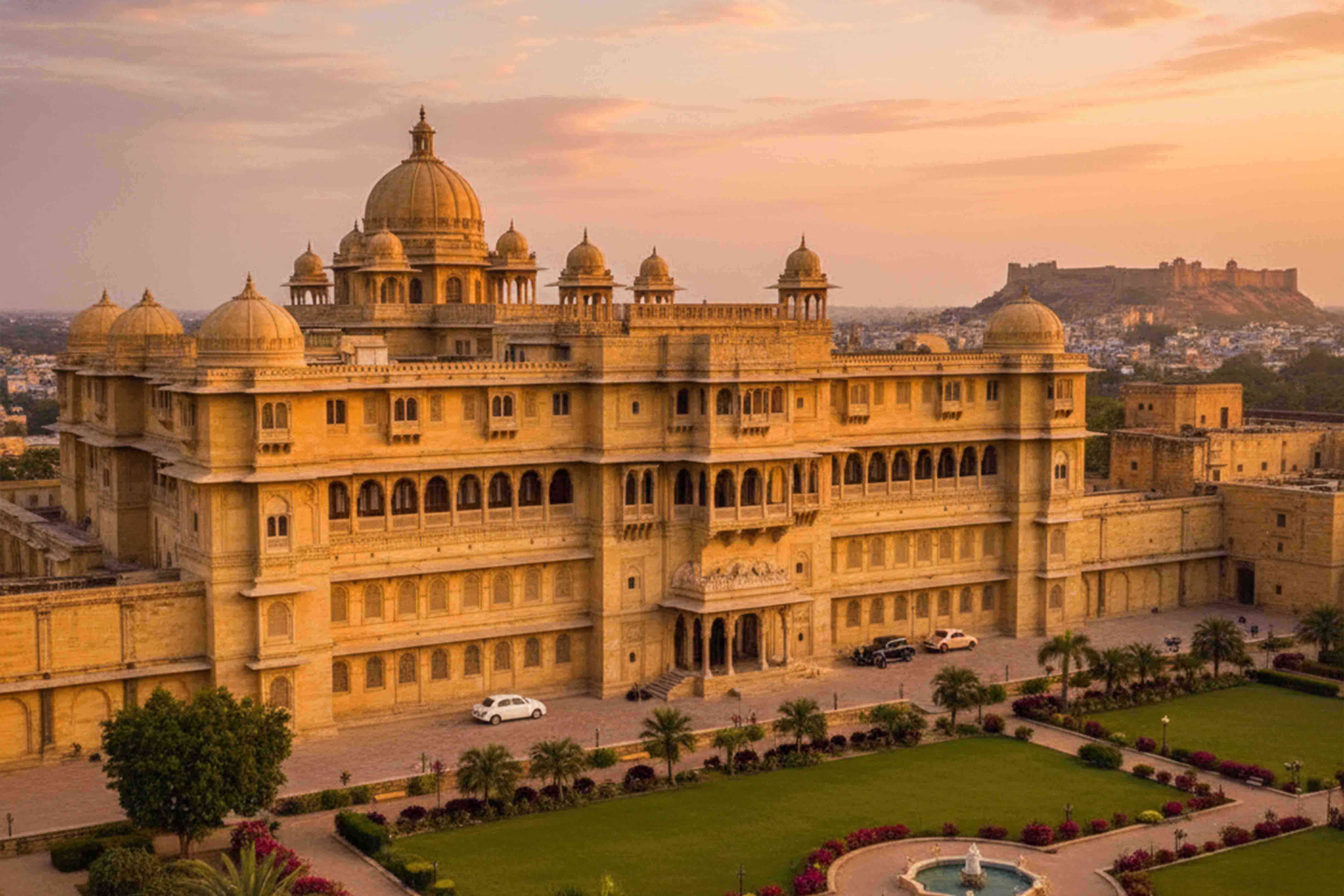 A large, yellow-stone royal heritage hotel in Jodhpur, India, with gardens and a distant fort at sunset.
